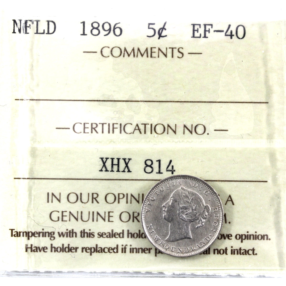 1896 Newfoundland 5-cents ICCS Certified EF40