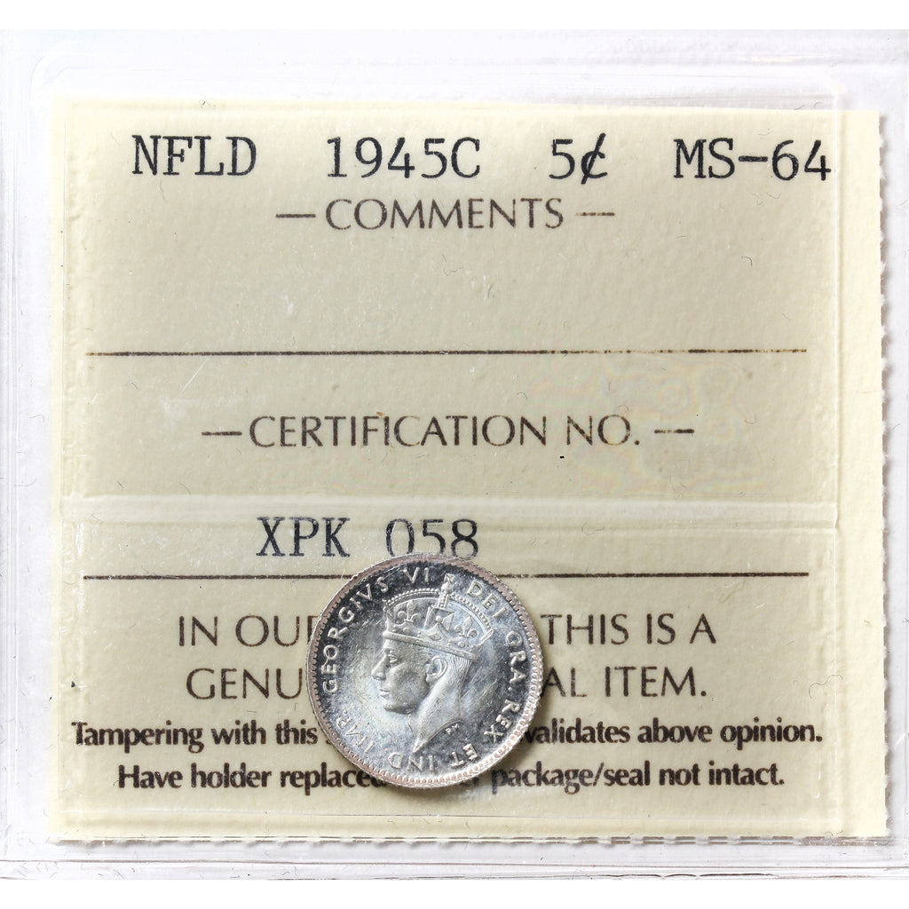 1945C Newfoundland 5-cents ICCS Certified MS64