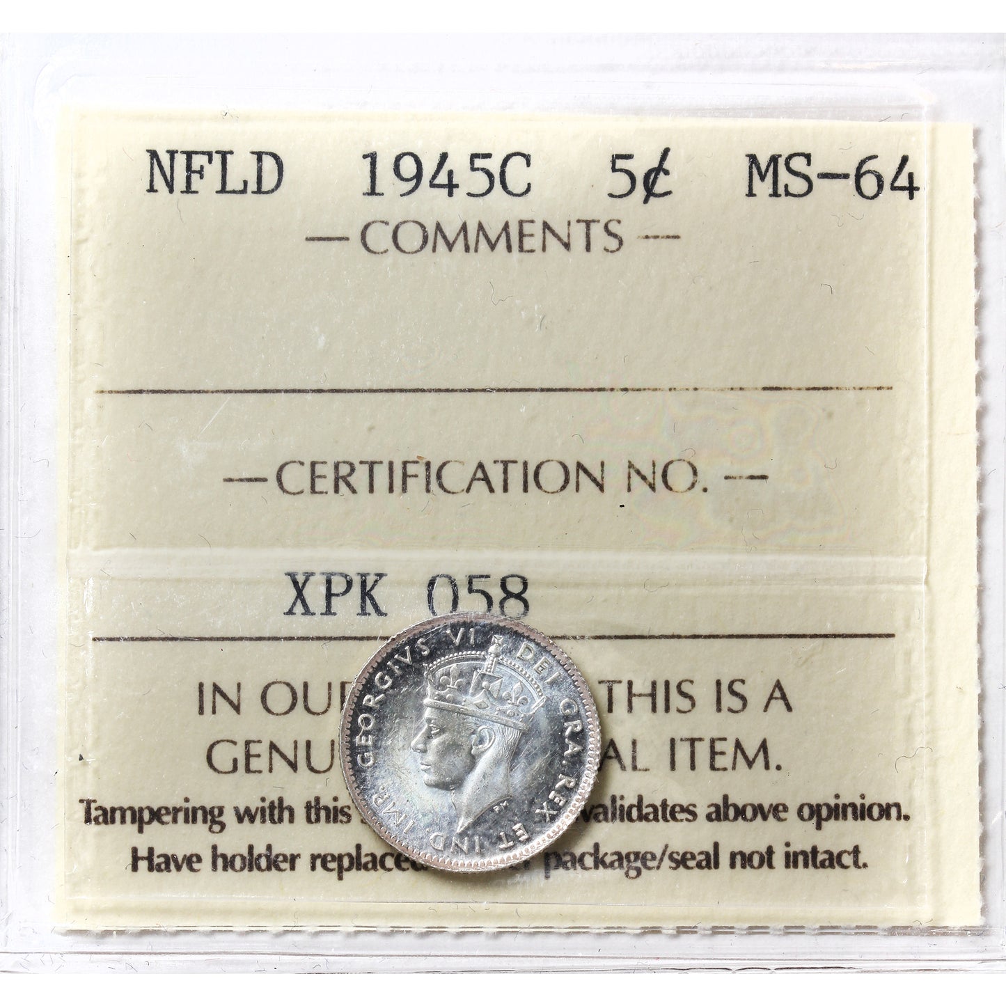 1945C Newfoundland 5-cents ICCS Certified MS64