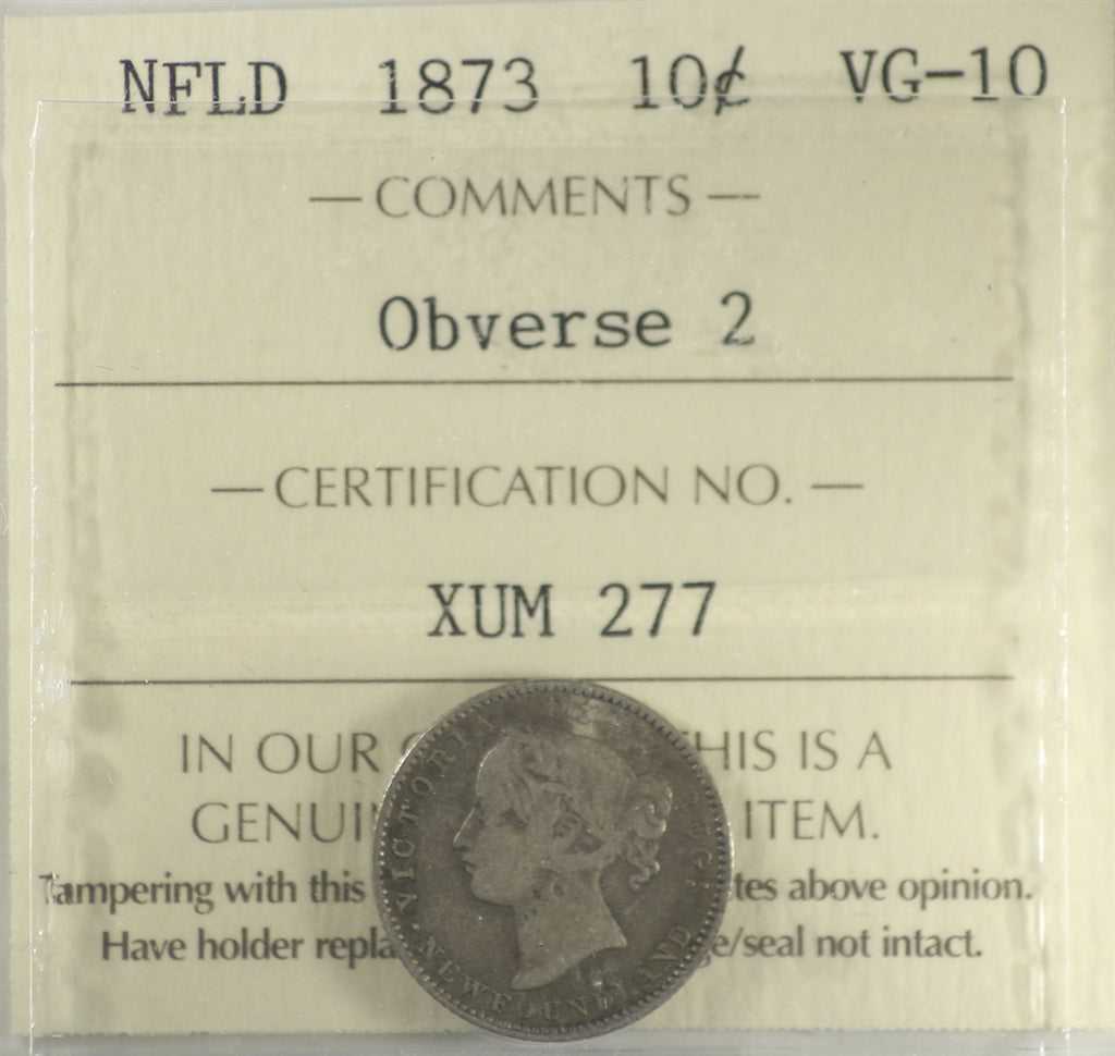 1873 Obverse 2 Newfoundland 10-cents ICCS Certified VG10