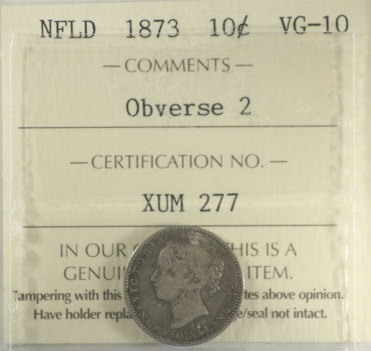 1873 Obverse 2 Newfoundland 10-cents ICCS Certified VG10