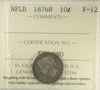 1876H Newfoundland 10-cents ICCS Certified F12