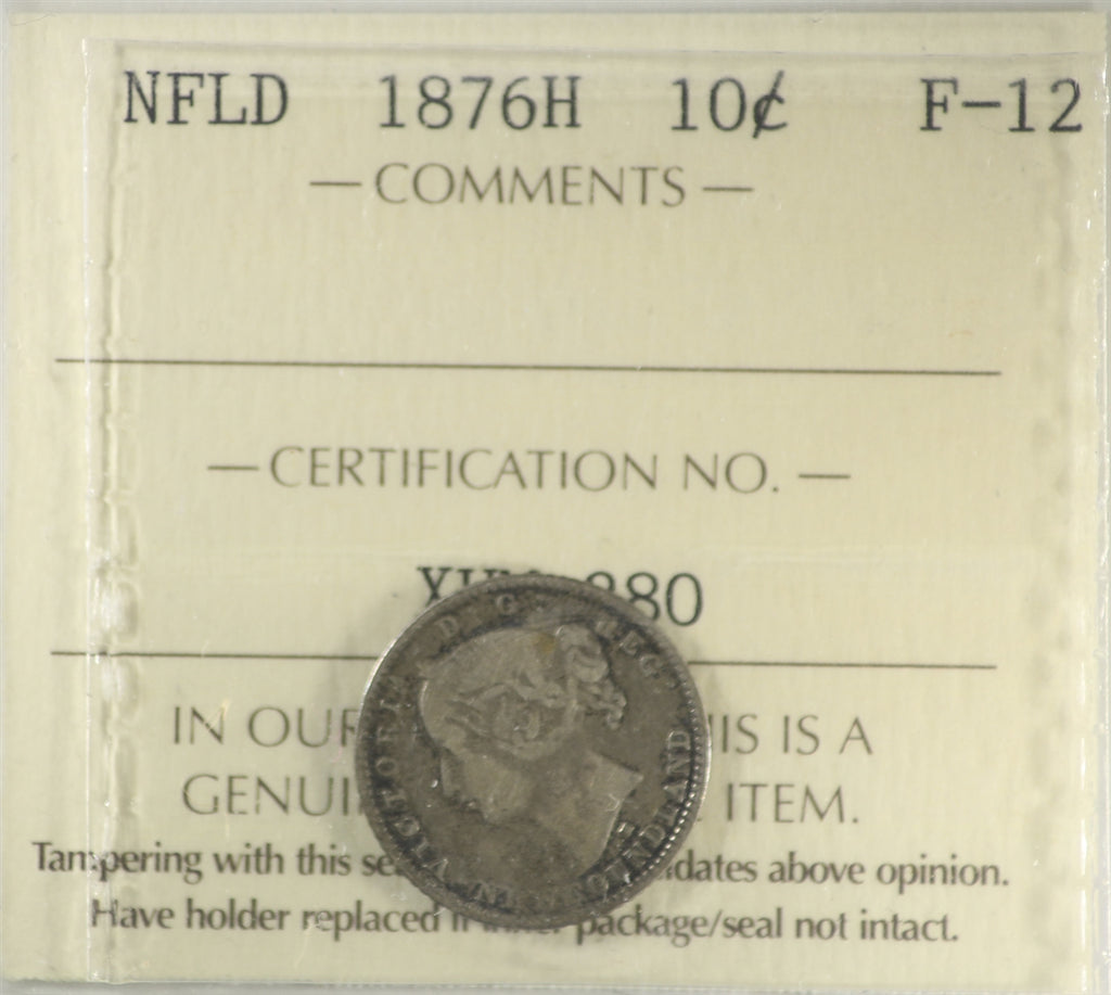 1876H Newfoundland 10-cents ICCS Certified F12