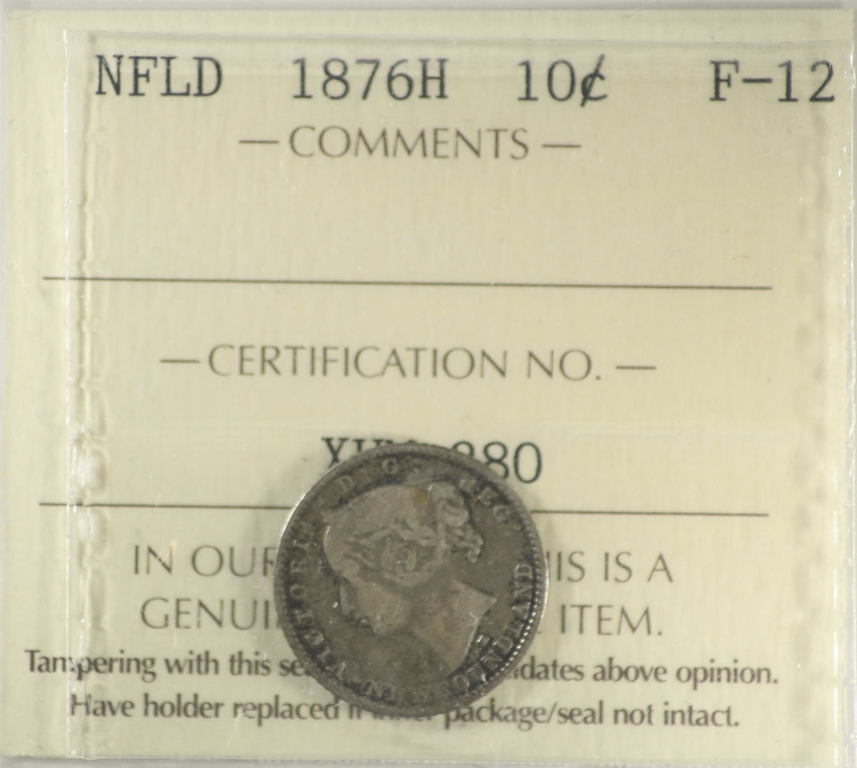 1876H Newfoundland 10-cents ICCS Certified F12
