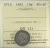 1885 Newfoundland 10-cents ICCS Certified VG10