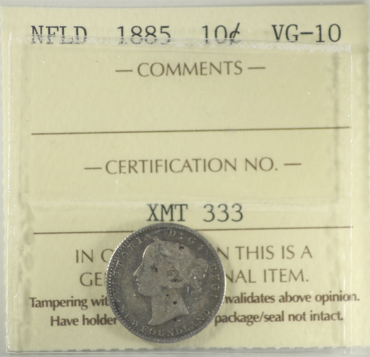 1885 Newfoundland 10-cents ICCS Certified VG10