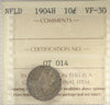 1904H Newfoundland 10-cents ICCS Certified VF30