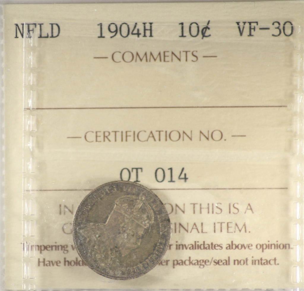 1904H Newfoundland 10-cents ICCS Certified VF30