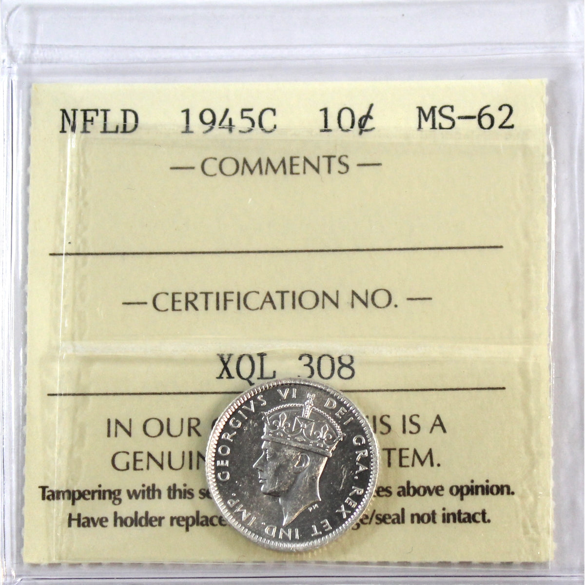 1945C Newfoundland 10-cents ICCS Certified MS62 (XQL 308)
