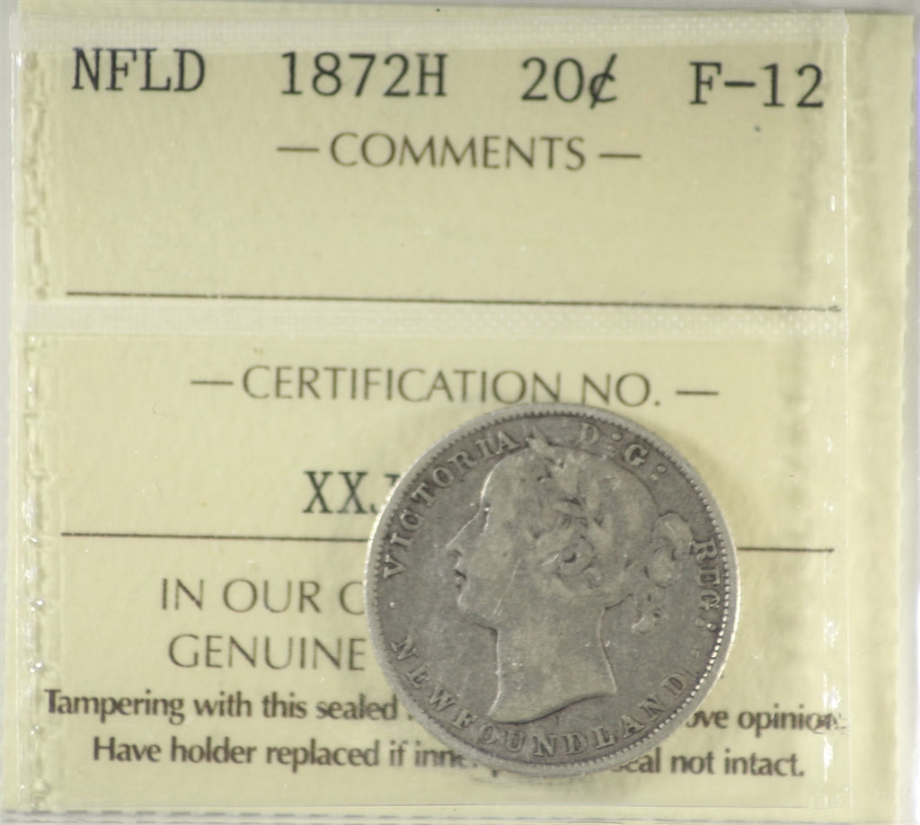 1872H Newfoundland 20-cents ICCS Certified F12