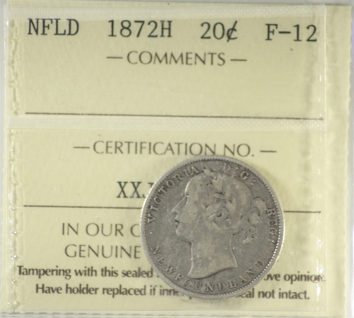 1872H Newfoundland 20-cents ICCS Certified F12