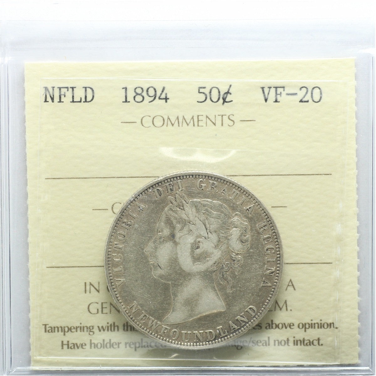 1894 Newfoundland 50-cents ICCS Certified VF20