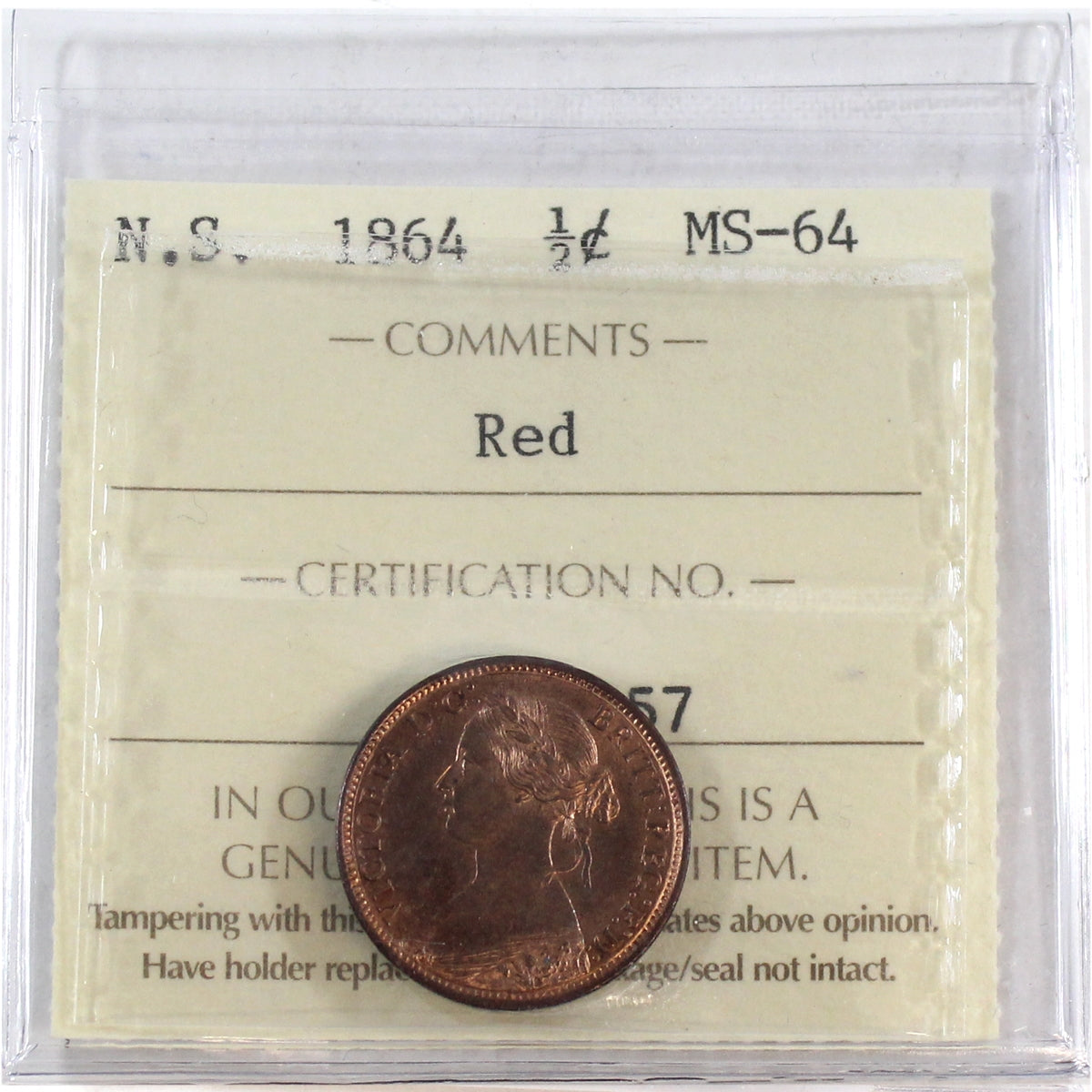 1864 Nova Scotia 1/2 Cent ICCS Certified MS64 Red (XCP 057)