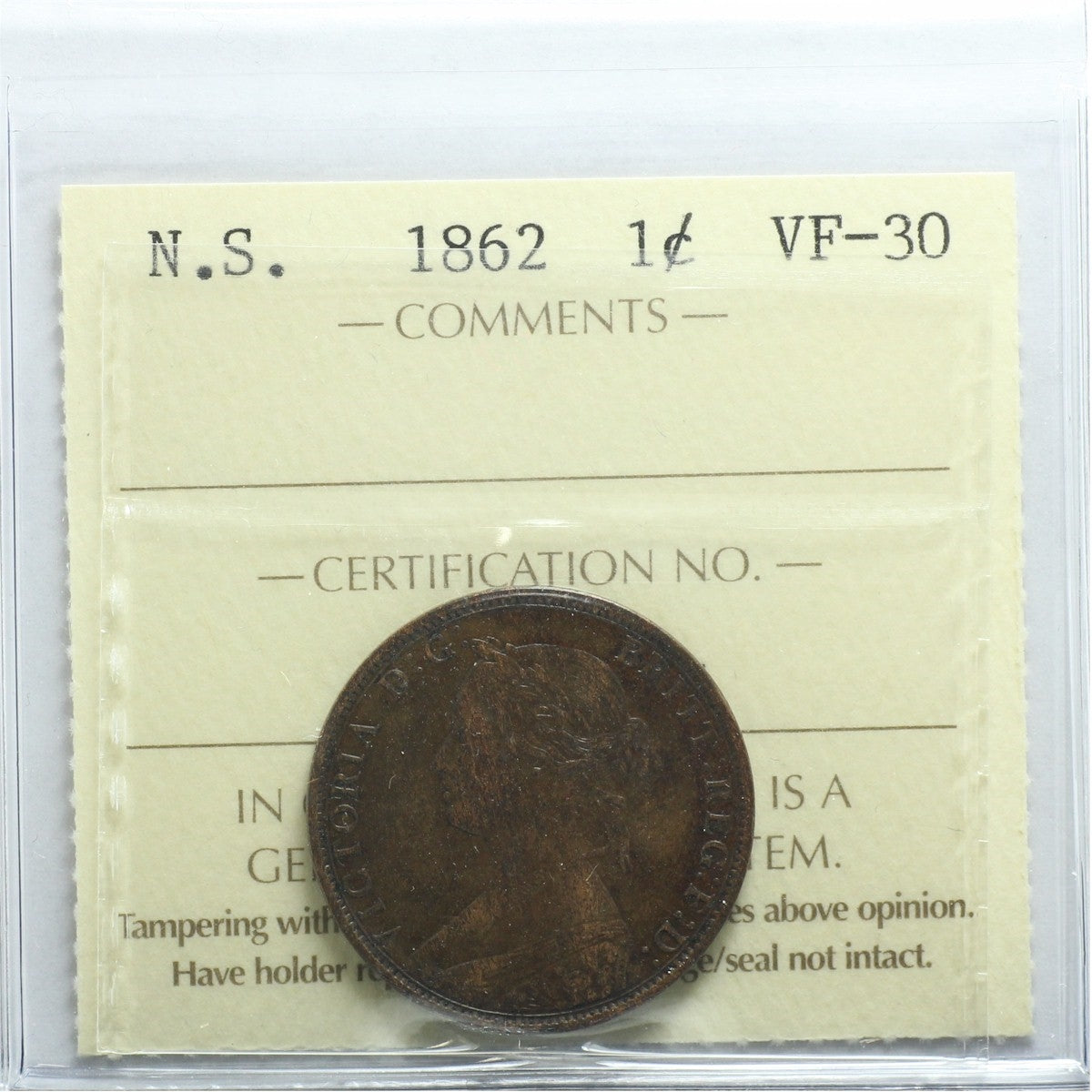 1862 Nova Scotia 1-cent ICCS Certified VF30