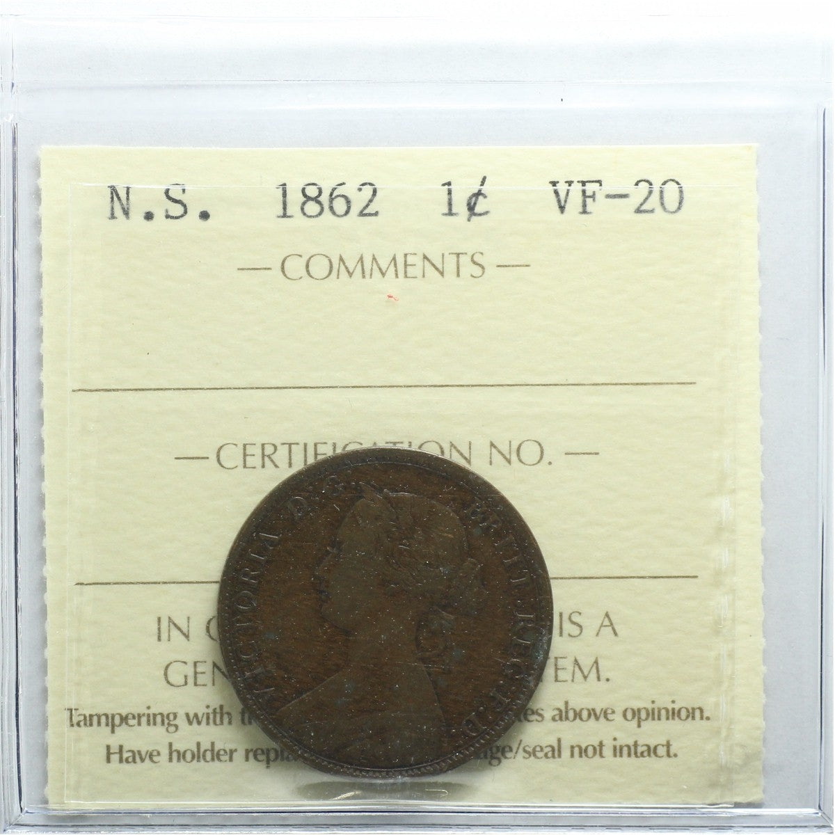 1862 Nova Scotia 1-cent ICCS Certified VF20