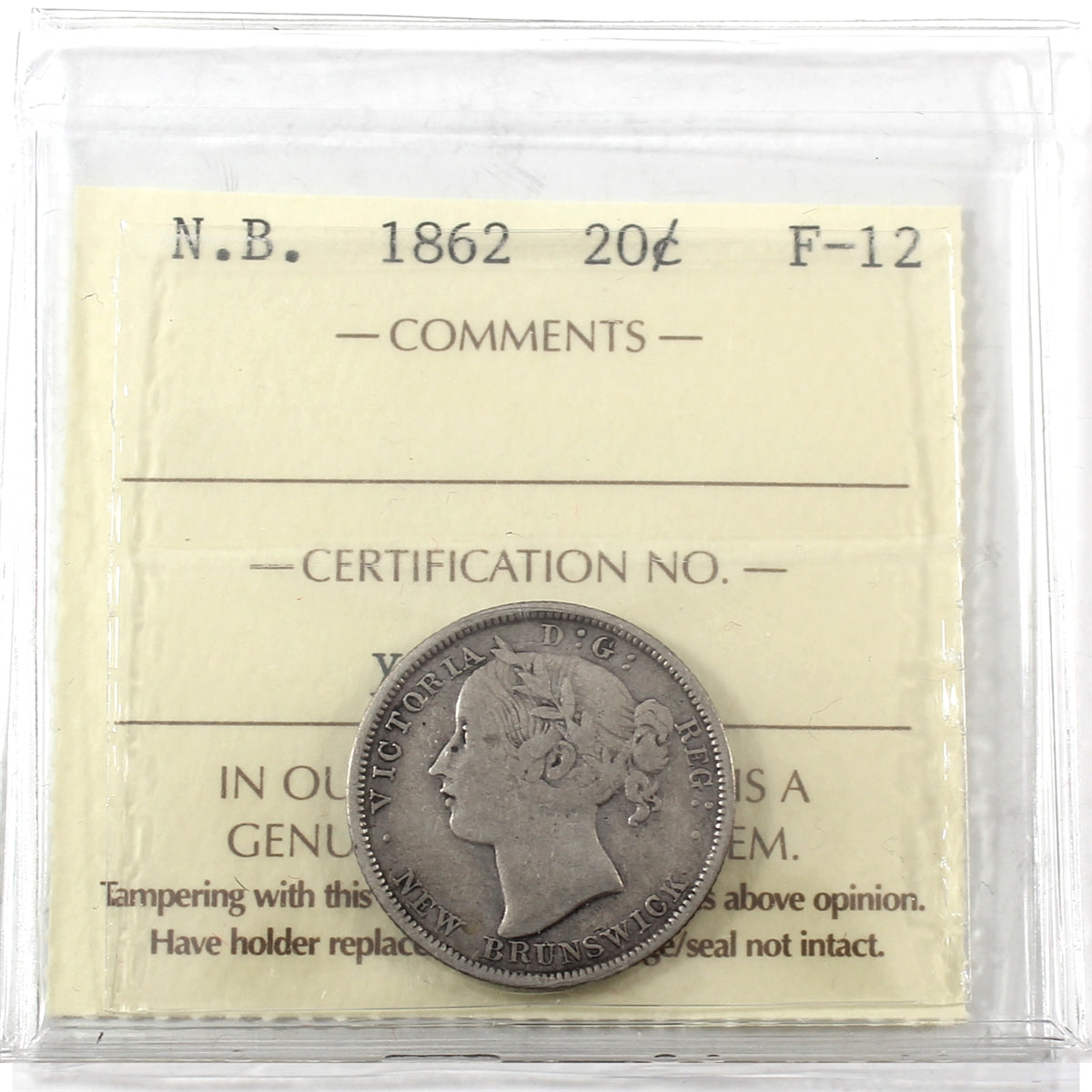 1862 New Brunswick 20-cents ICCS Certified F12