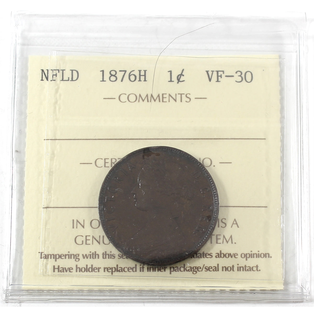 1876H Newfoundland 1-cent ICCS Certified VF30