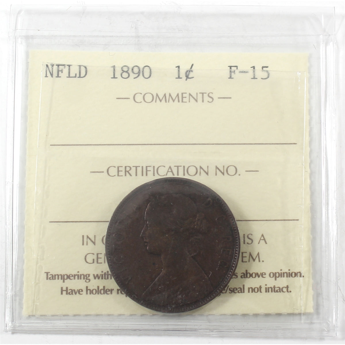 1890 Newfoundland 1-cent ICCS Certified F15