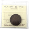 1894 Newfoundland 1-cent ICCS Certified VF20