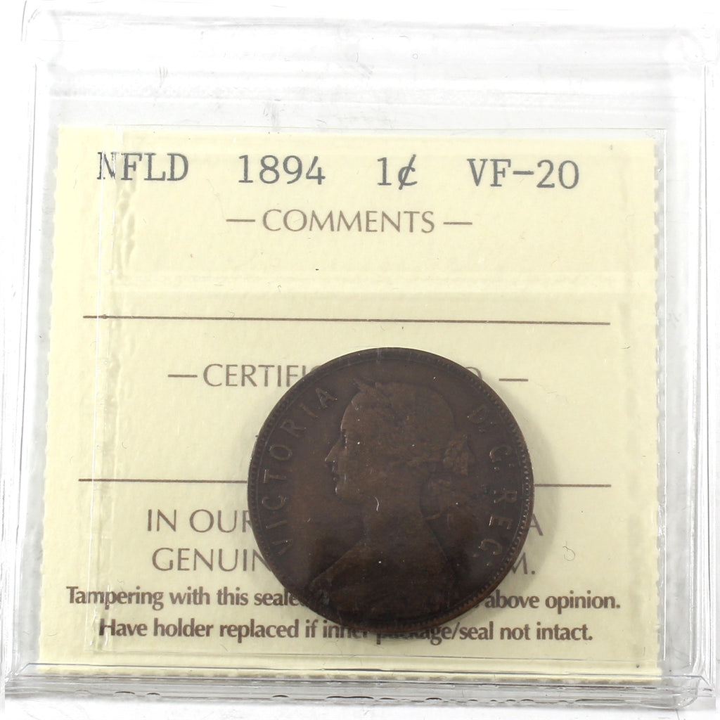 1894 Newfoundland 1-cent ICCS Certified VF20