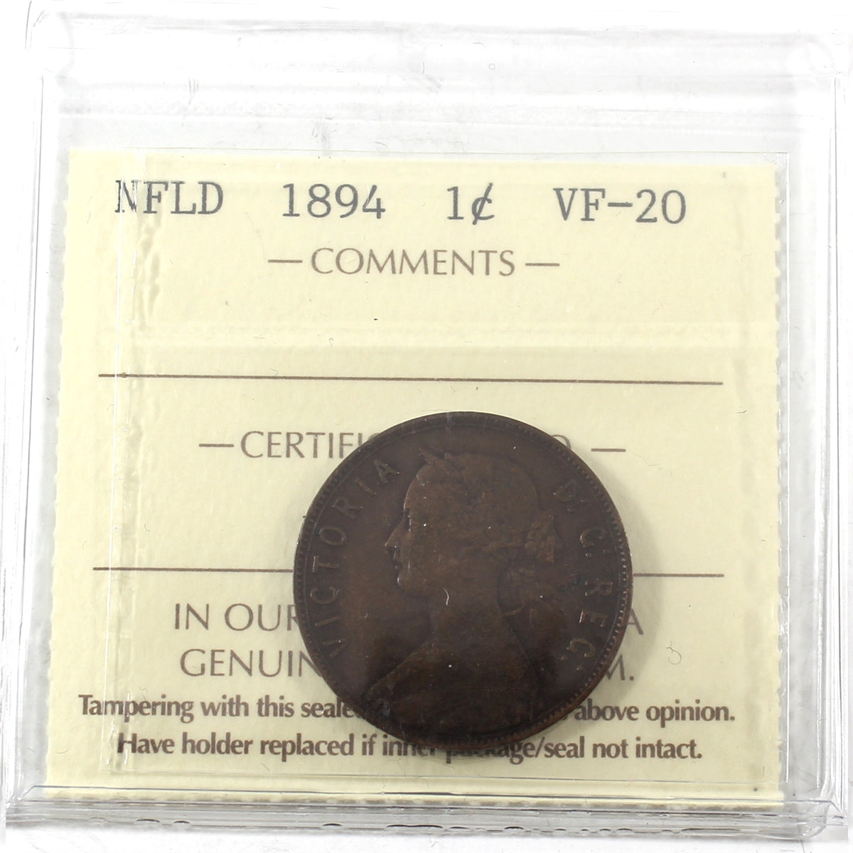 1894 Newfoundland 1-cent ICCS Certified VF20