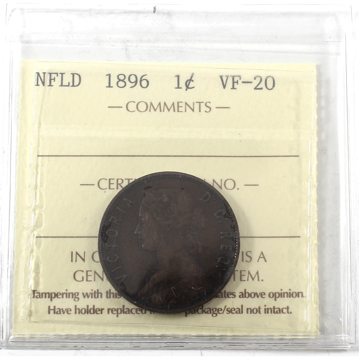 1896 Newfoundland 1-cent ICCS Certified VF20