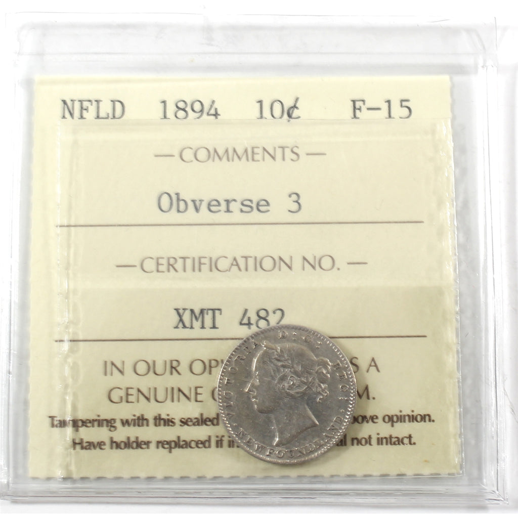 1894 Obv. 3 Newfoundland 10-cents ICCS Certified F15