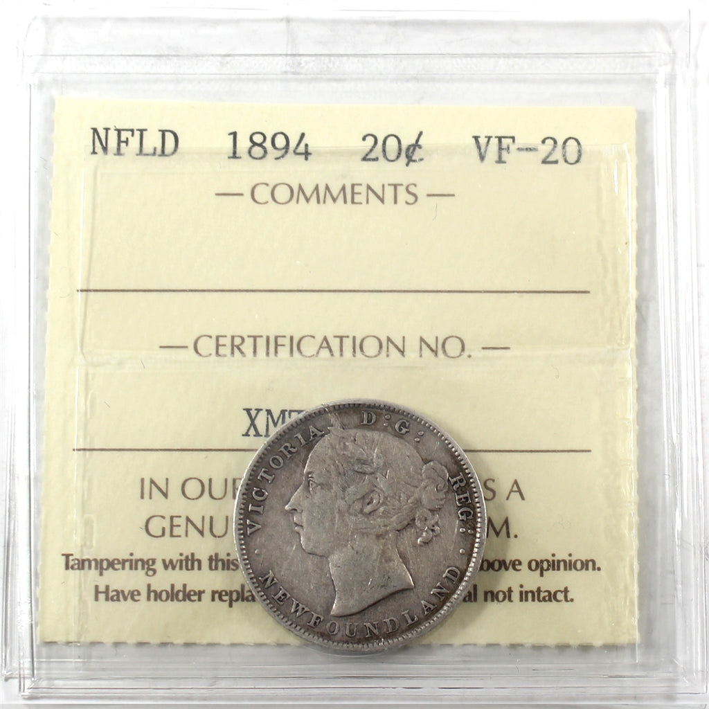 1894 Newfoundland 20-cents ICCS Certified VF20
