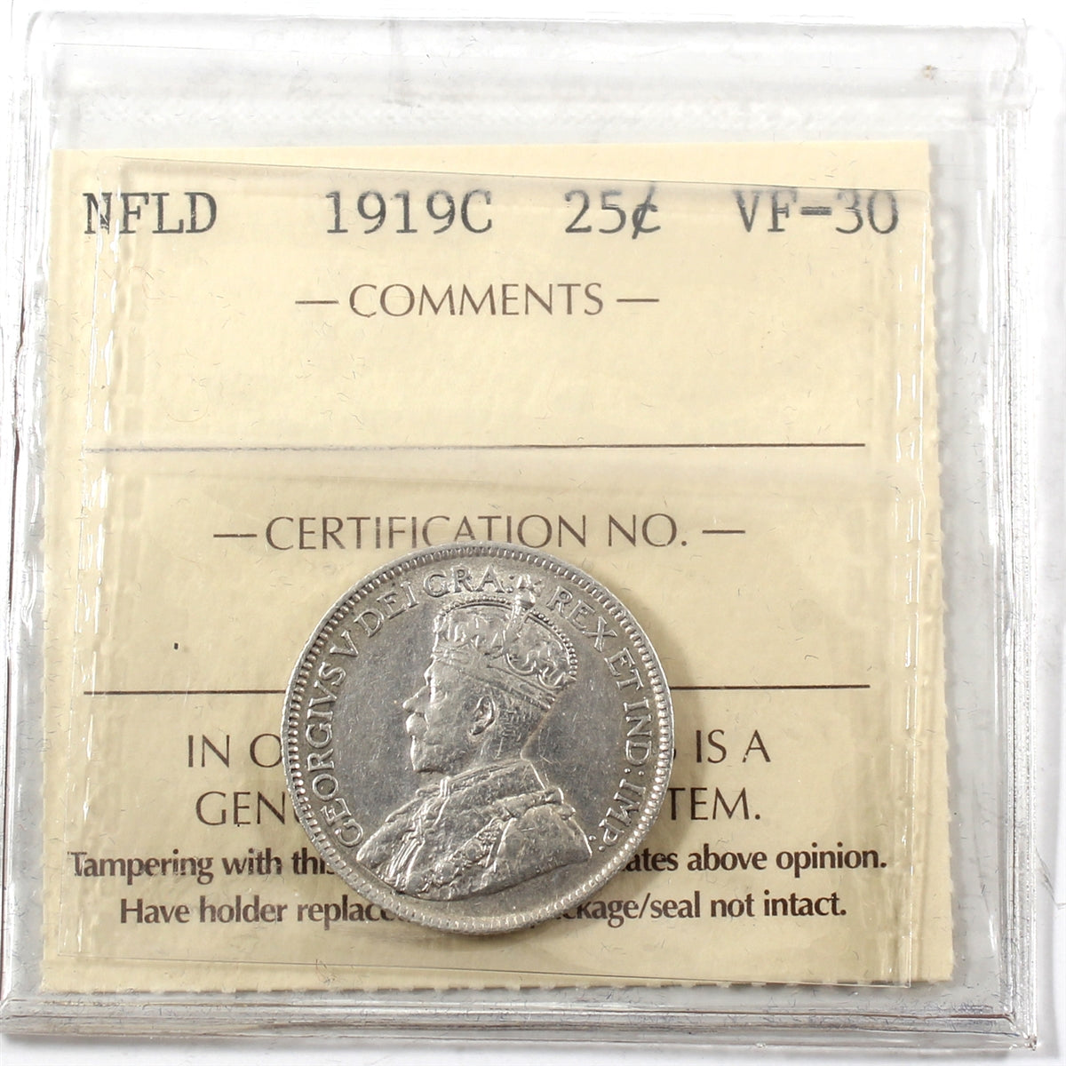 1919C Newfoundland 25-cents ICCS VF30