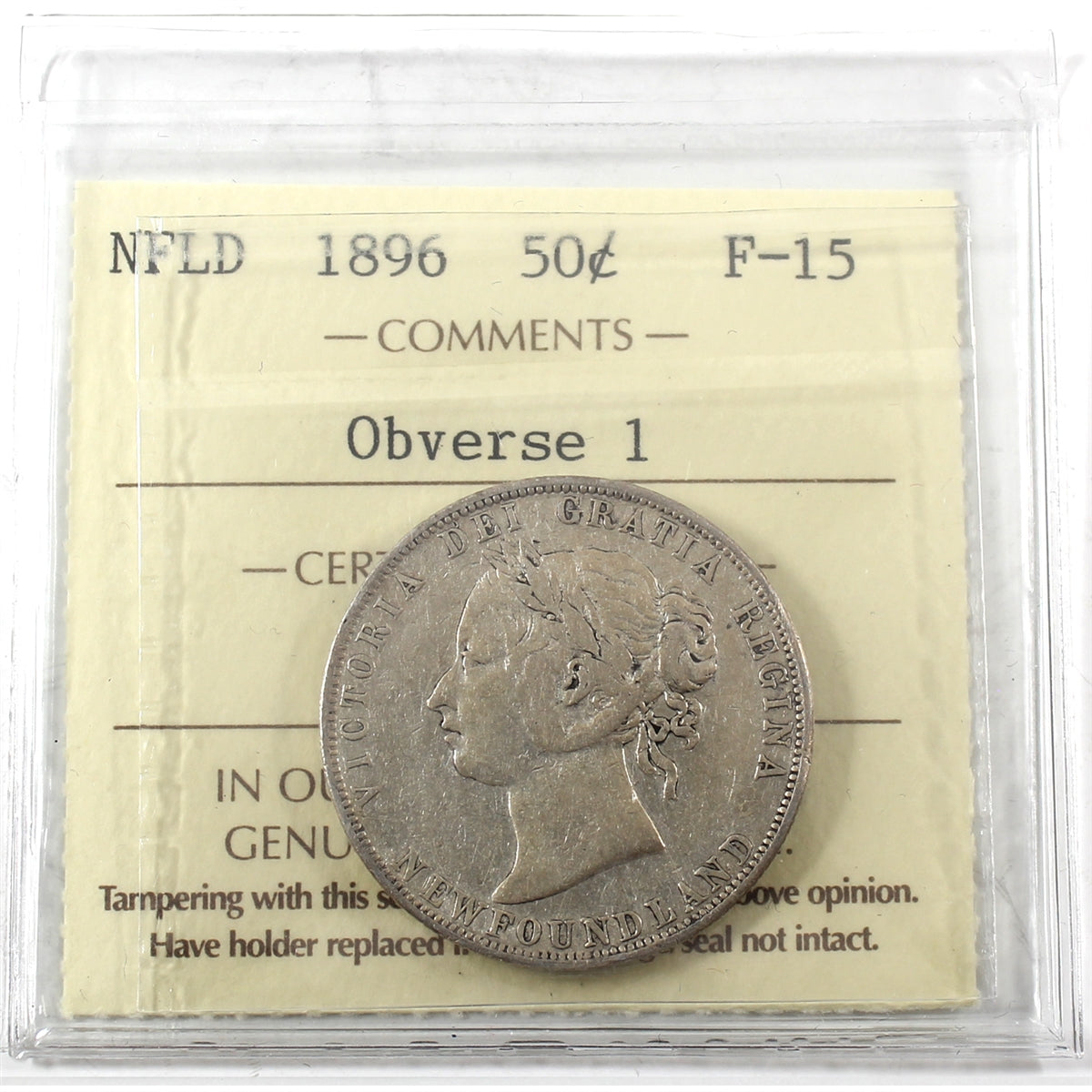 1896 Obv. 1 Newfoundland 50-cents ICCS Certified F15
