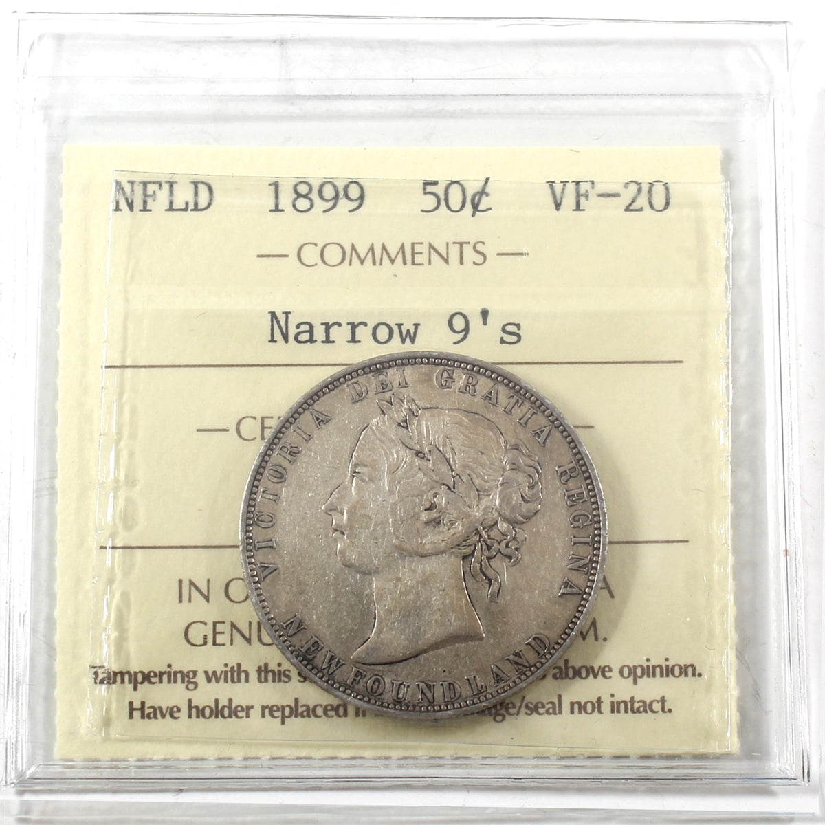 1899 Narrow 9s Newfoundland 50-cents ICCS Certified VF20