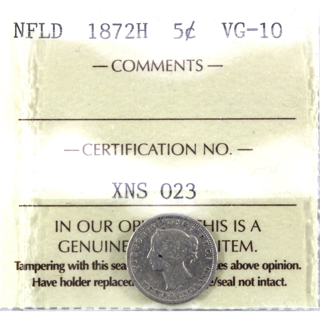 1872H Newfoundland 5-cents ICCS Certified VG10