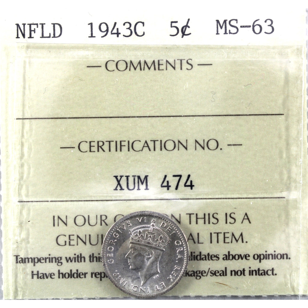1943C Newfoundland 5-cents ICCS Certified MS63