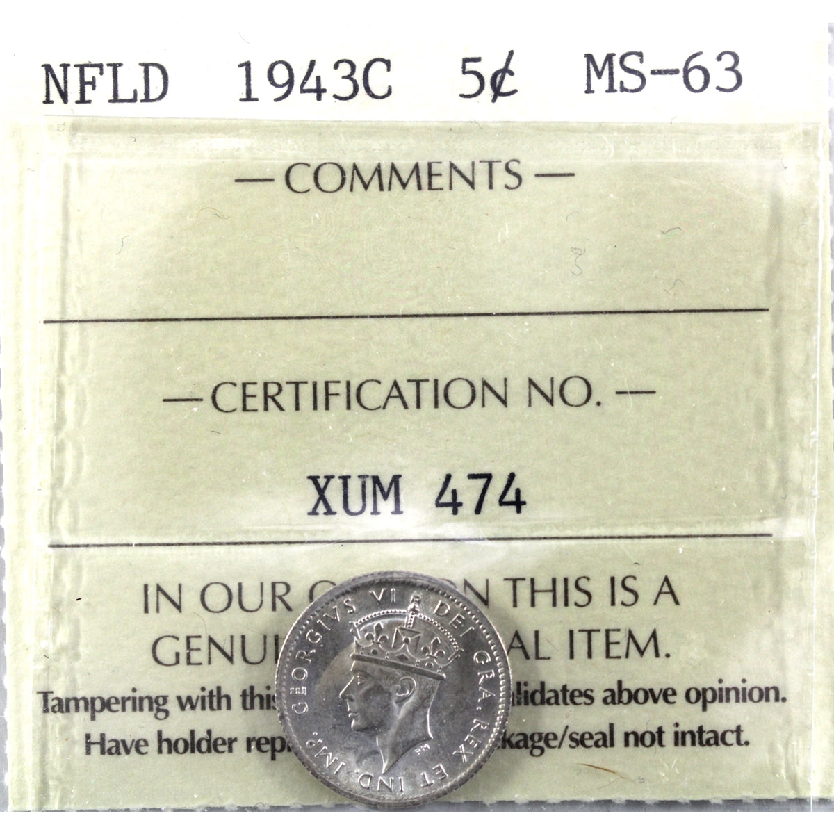 1943C Newfoundland 5-cents ICCS Certified MS63