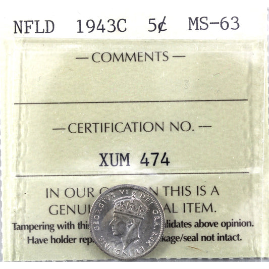 1943C Newfoundland 5-cents ICCS Certified MS63