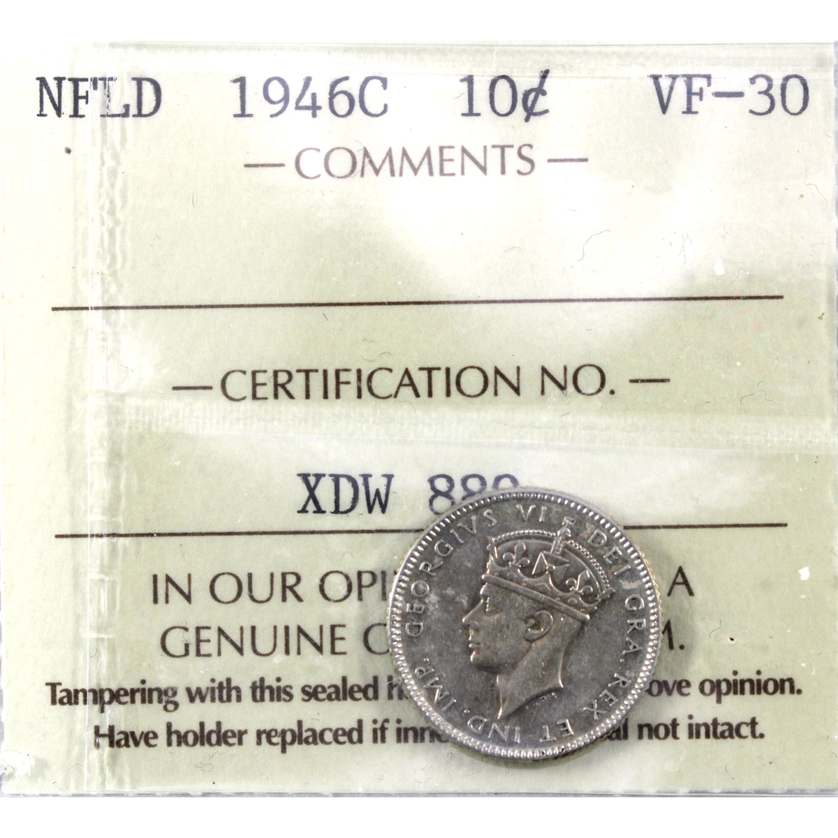 1946C Newfoundland 10-cents ICCS Certified VF30