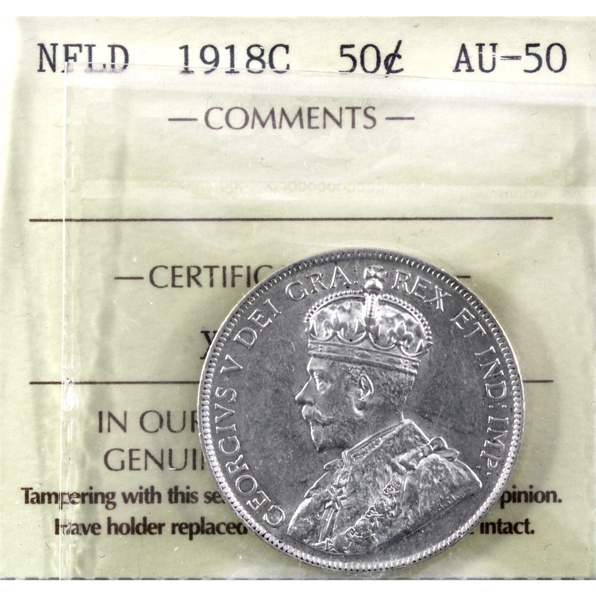 1918C Newfoundland 50-cents ICCS Certified AU50