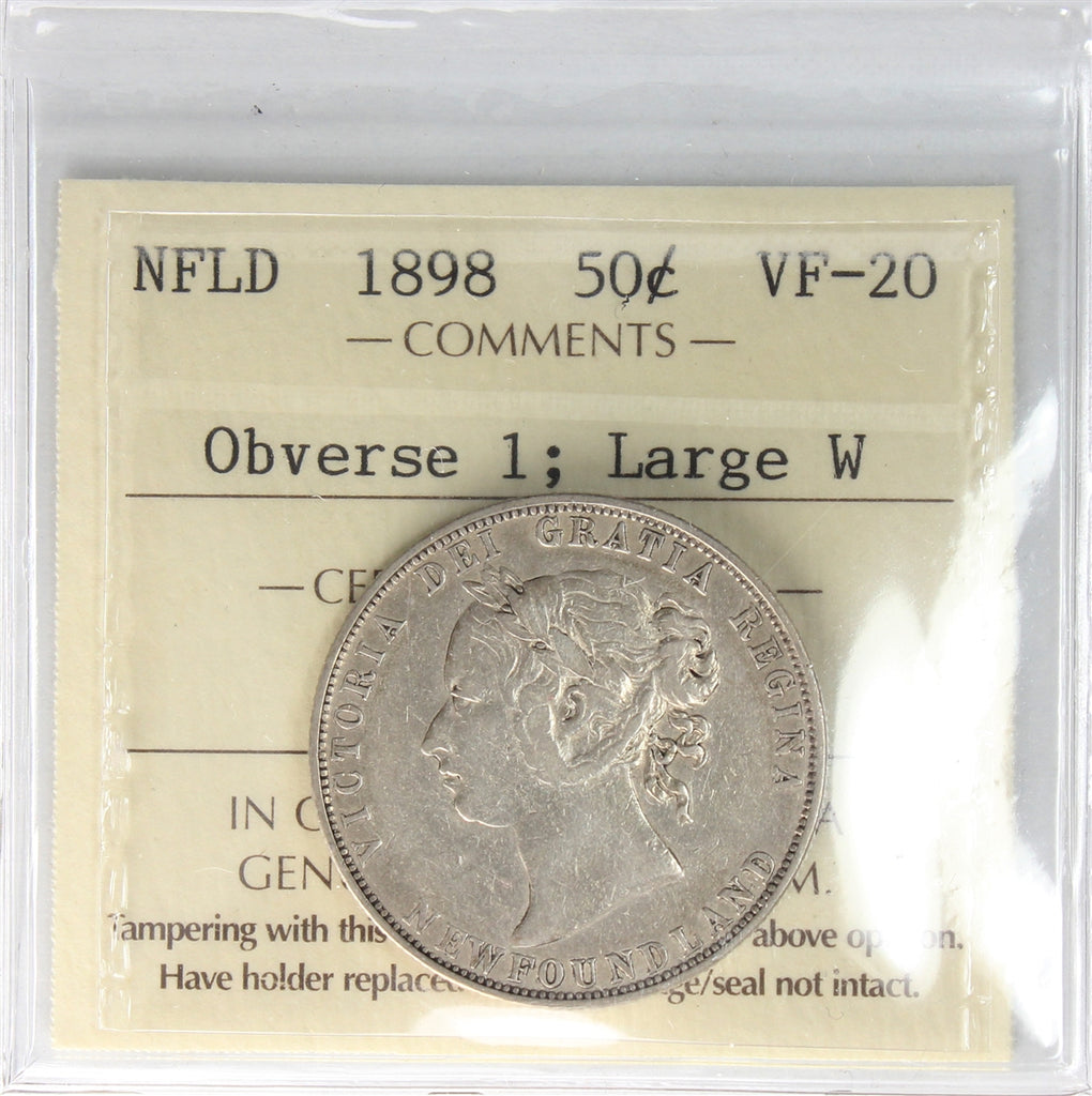 1898 Obv.1 Large W Newfoundland 50-cents ICCS Certified VF20