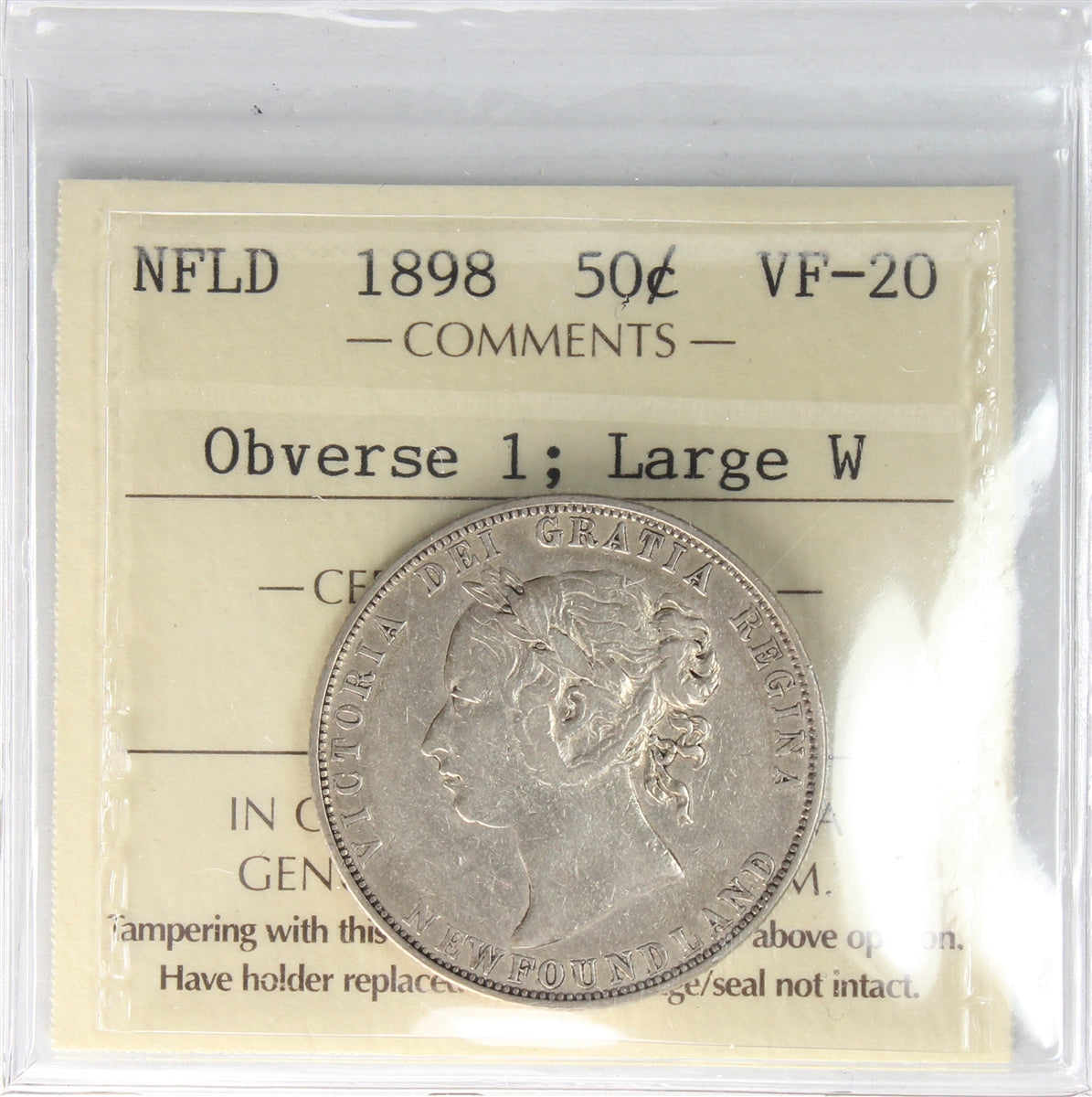 1898 Obv.1 Large W Newfoundland 50-cents ICCS Certified VF20