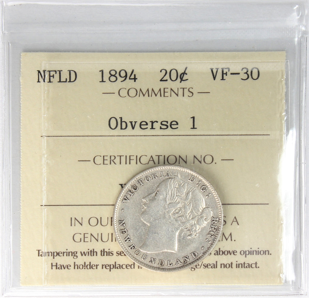 1894 Obv. 1 Newfoundland 20-cents ICCS Certified VF30 (XNU 295)