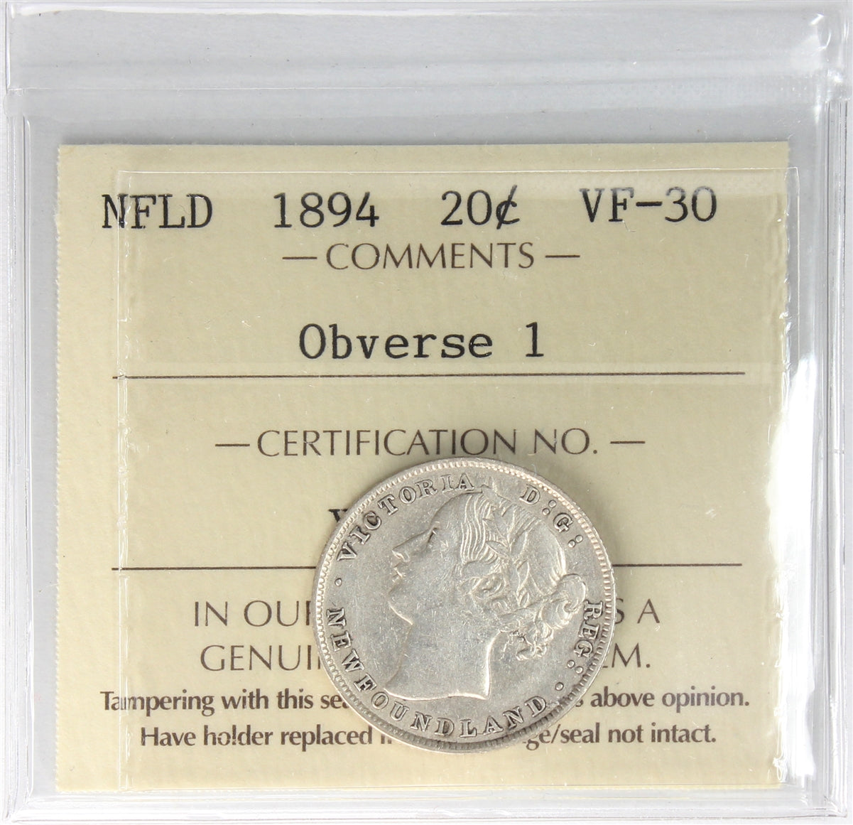 1894 Obv. 1 Newfoundland 20-cents ICCS Certified VF30 (XNU 295)