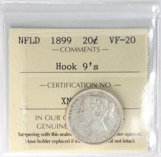 1899 Hook 9's Newfoundland 20-cents ICCS Certified VF-20