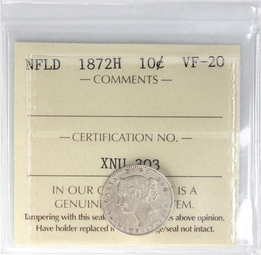 1872H Newfoundland 10-cents ICCS Certified VF-20