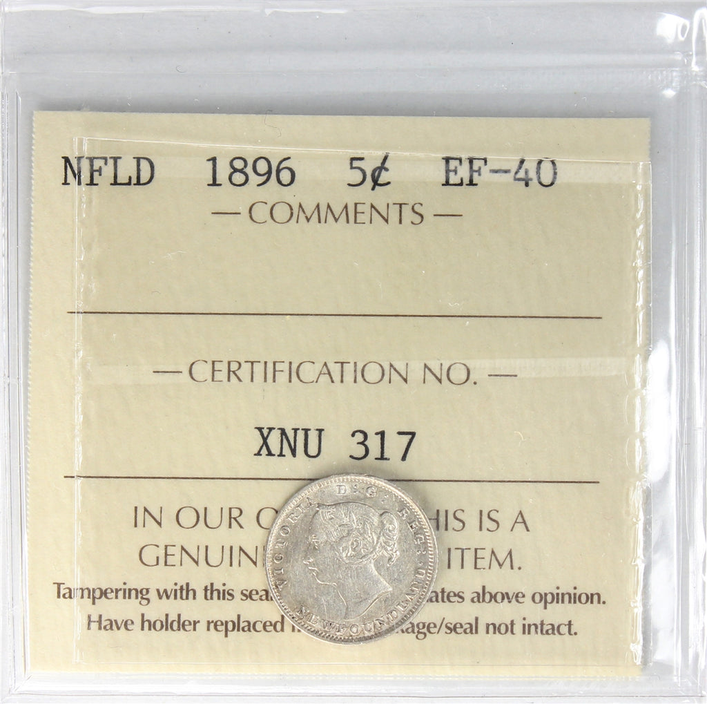 1896 Newfoundland 5-cents ICCS Certified EF40 (XNU 317)