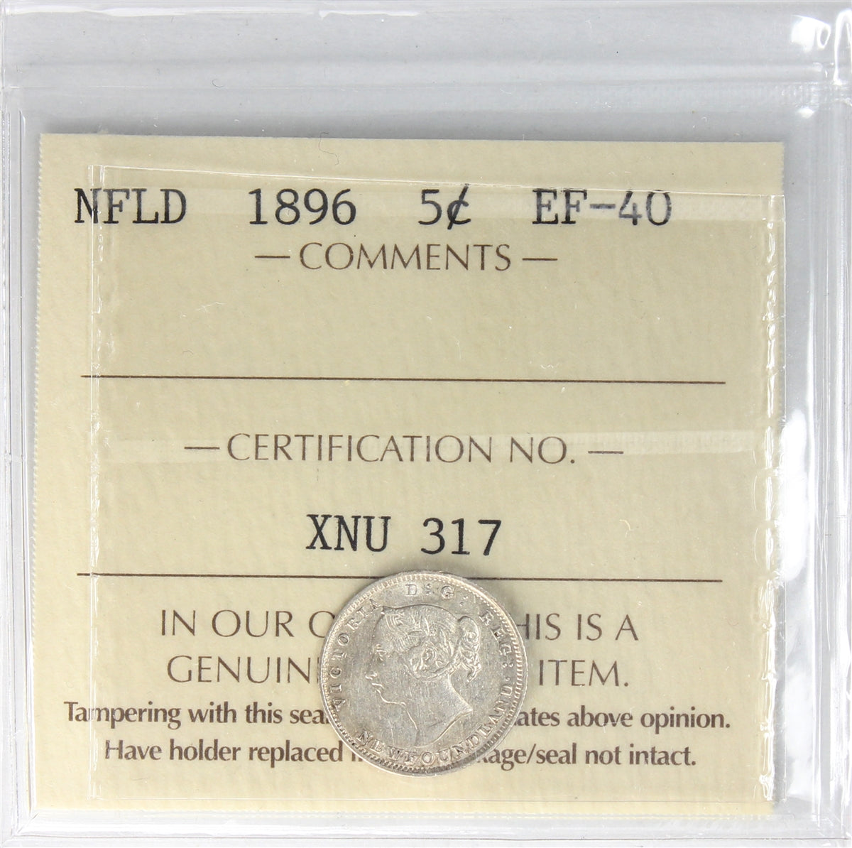 1896 Newfoundland 5-cents ICCS Certified EF40 (XNU 317)