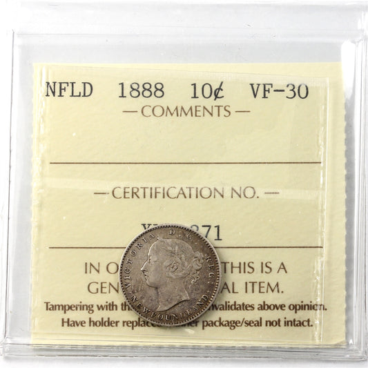 1888 Newfoundland 10-cents ICCS Certified VF-30
