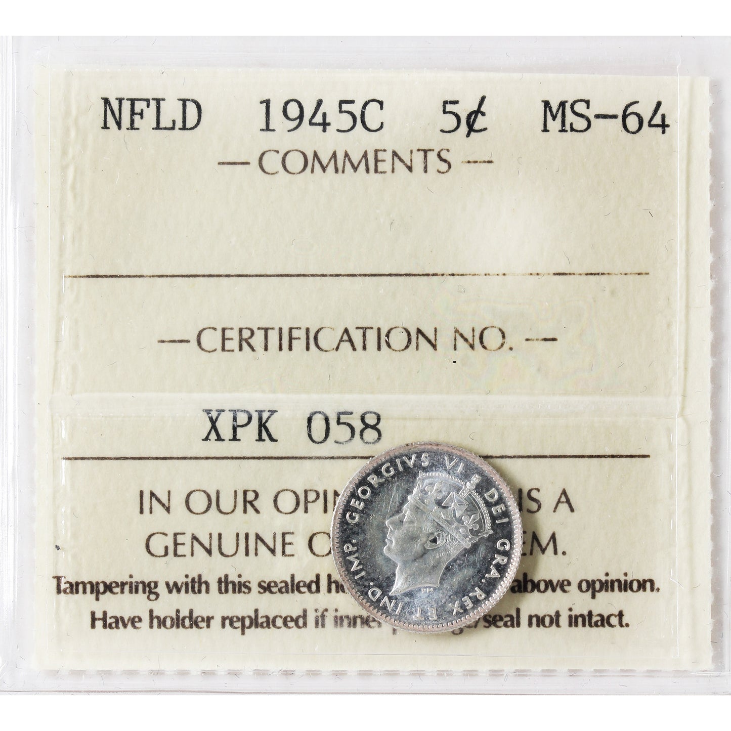 1945C Newfoundland 5-cents ICCS Certified MS60
