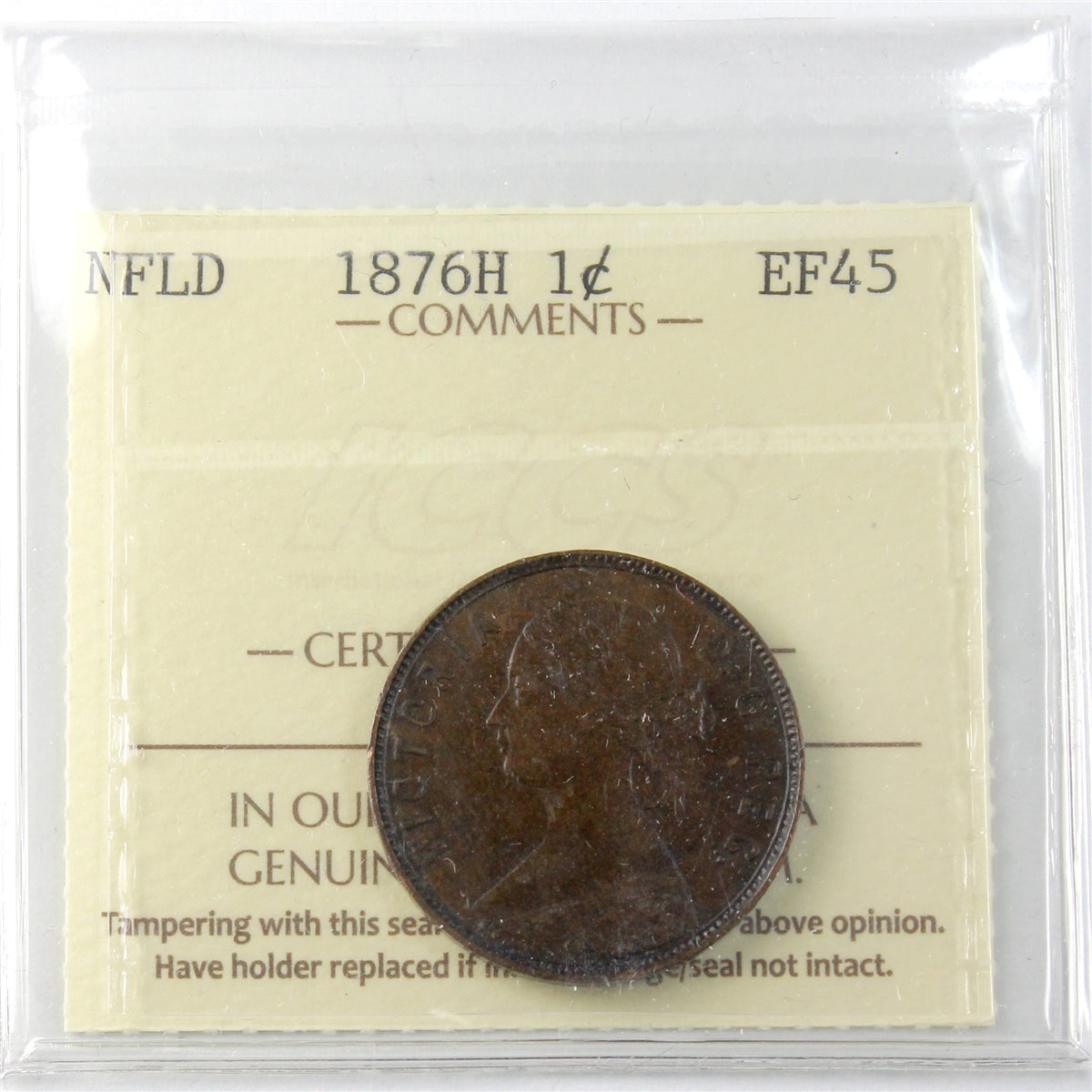 1876H Newfoundland 1-cent ICCS Certified EF45