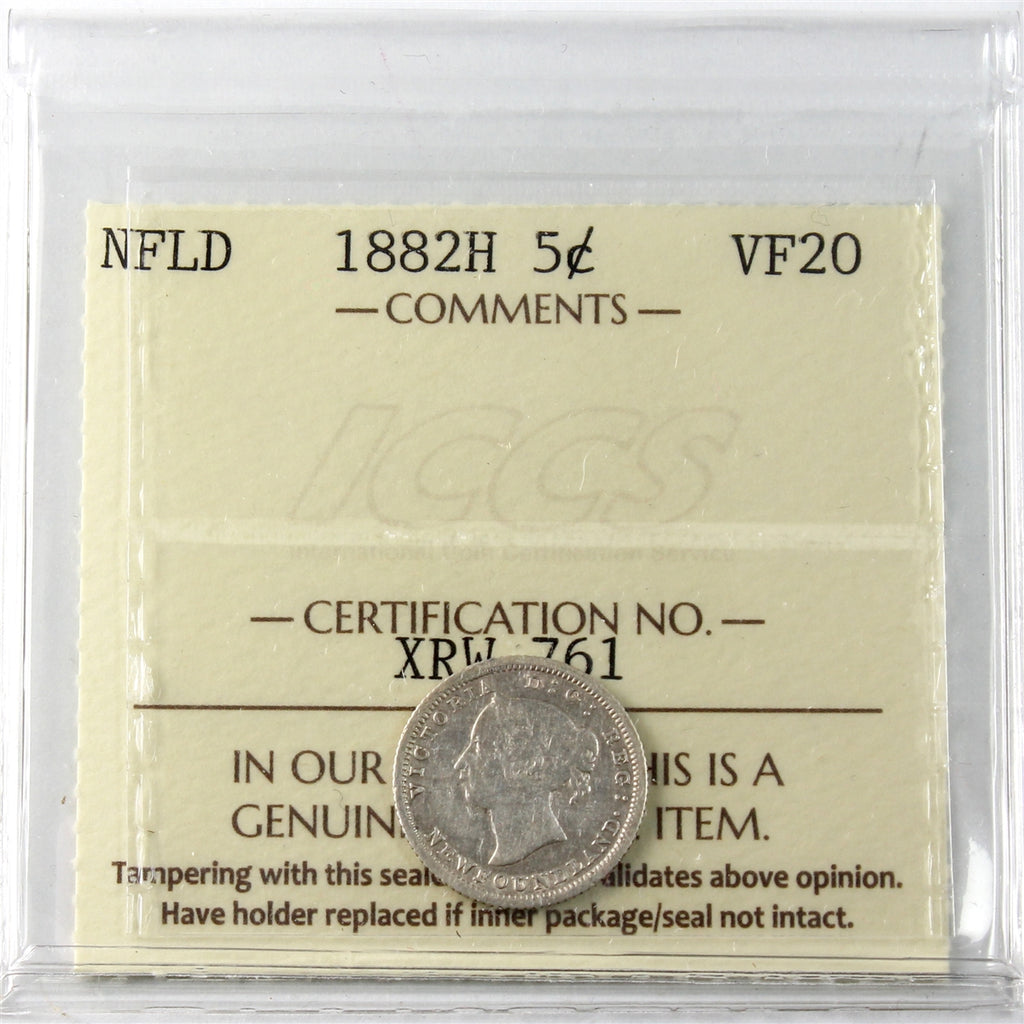 1882H Newfoundland 5-cents ICCS Certified VF20