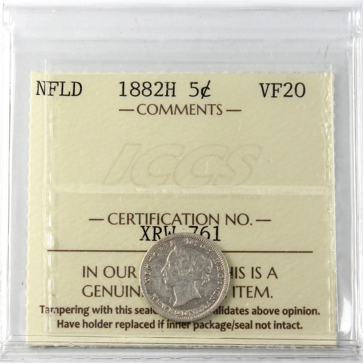 1882H Newfoundland 5-cents ICCS Certified VF20